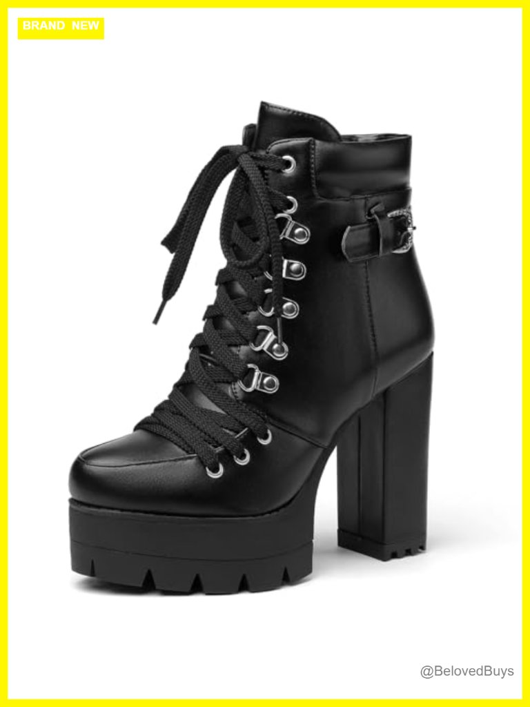 Women's Ankle Booties Chunky Heel Lace Up Platform Suede Side Zipper